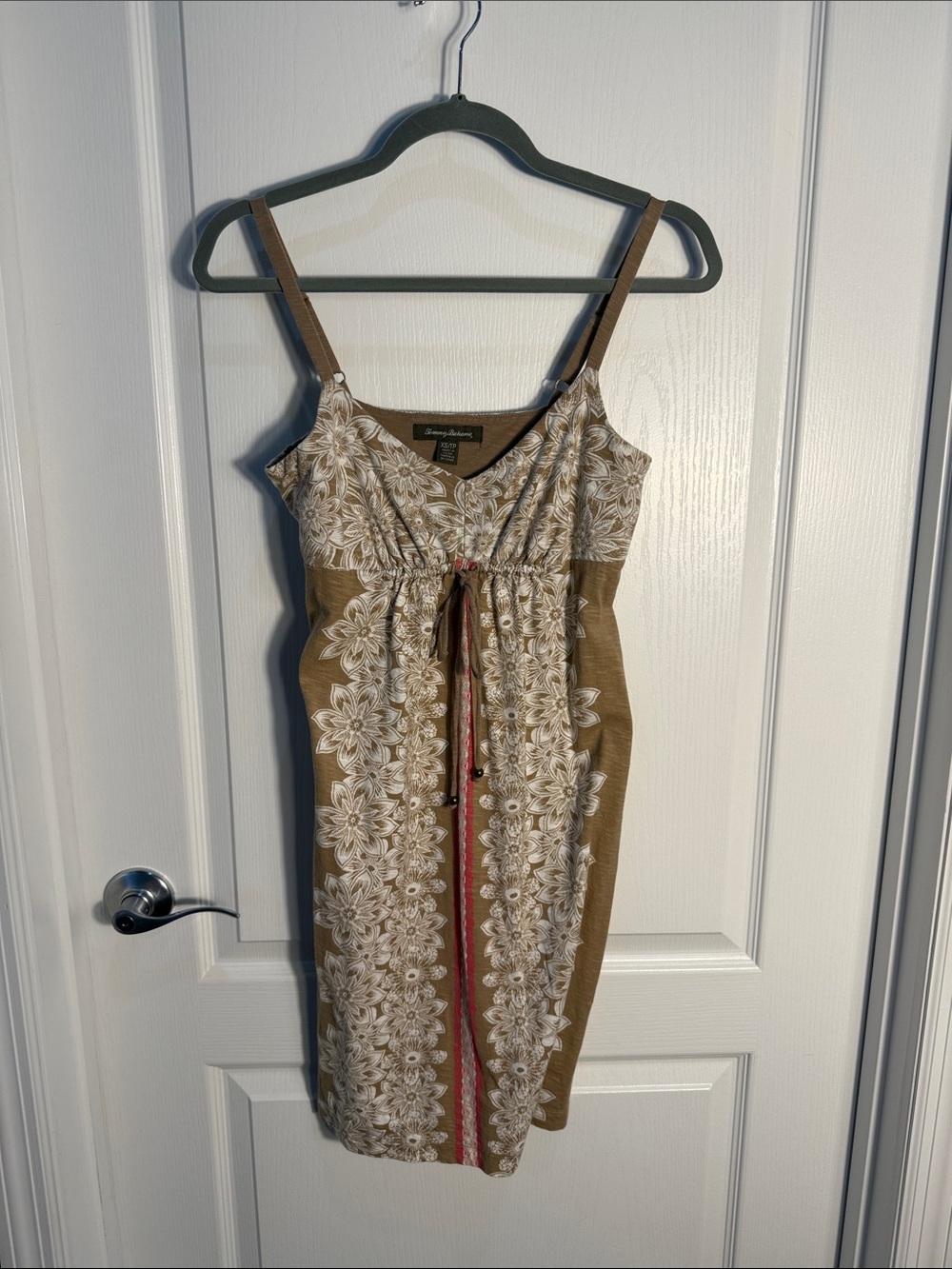 Tommy Bahama Brown with White Floral-Print Midi Dress Pink Trim Size XS Cotton